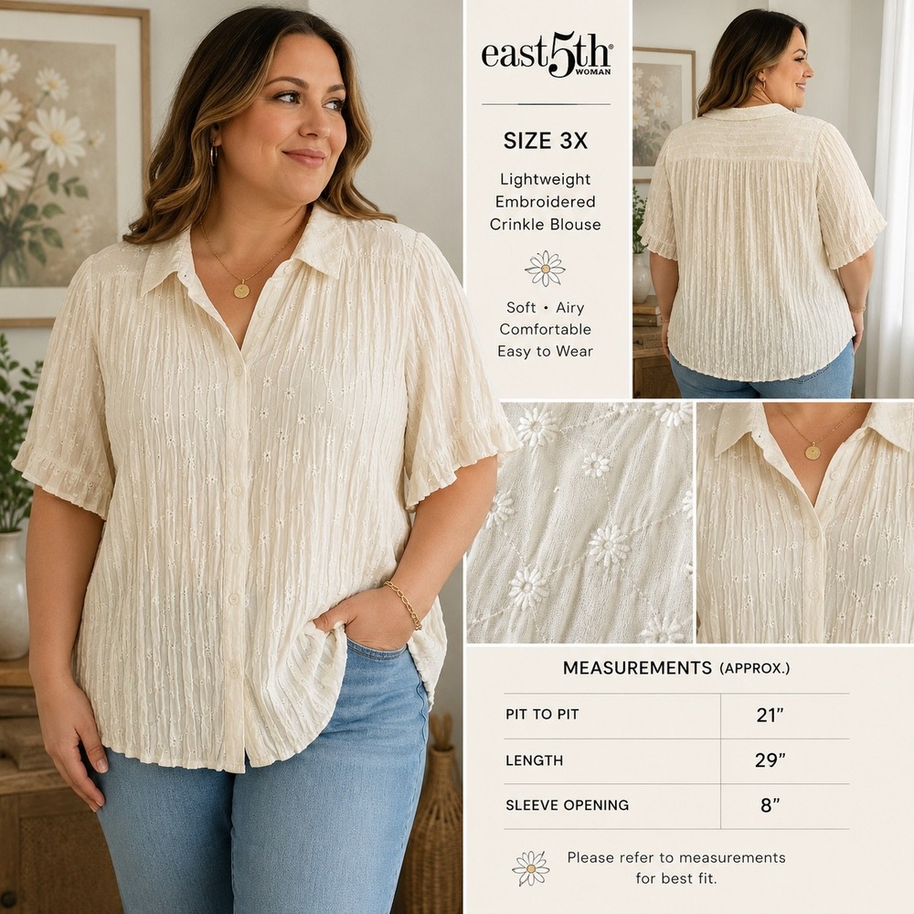 East 5th Womens White Crinkle‎ Embroidered Floral Button Down Blouse Size XL